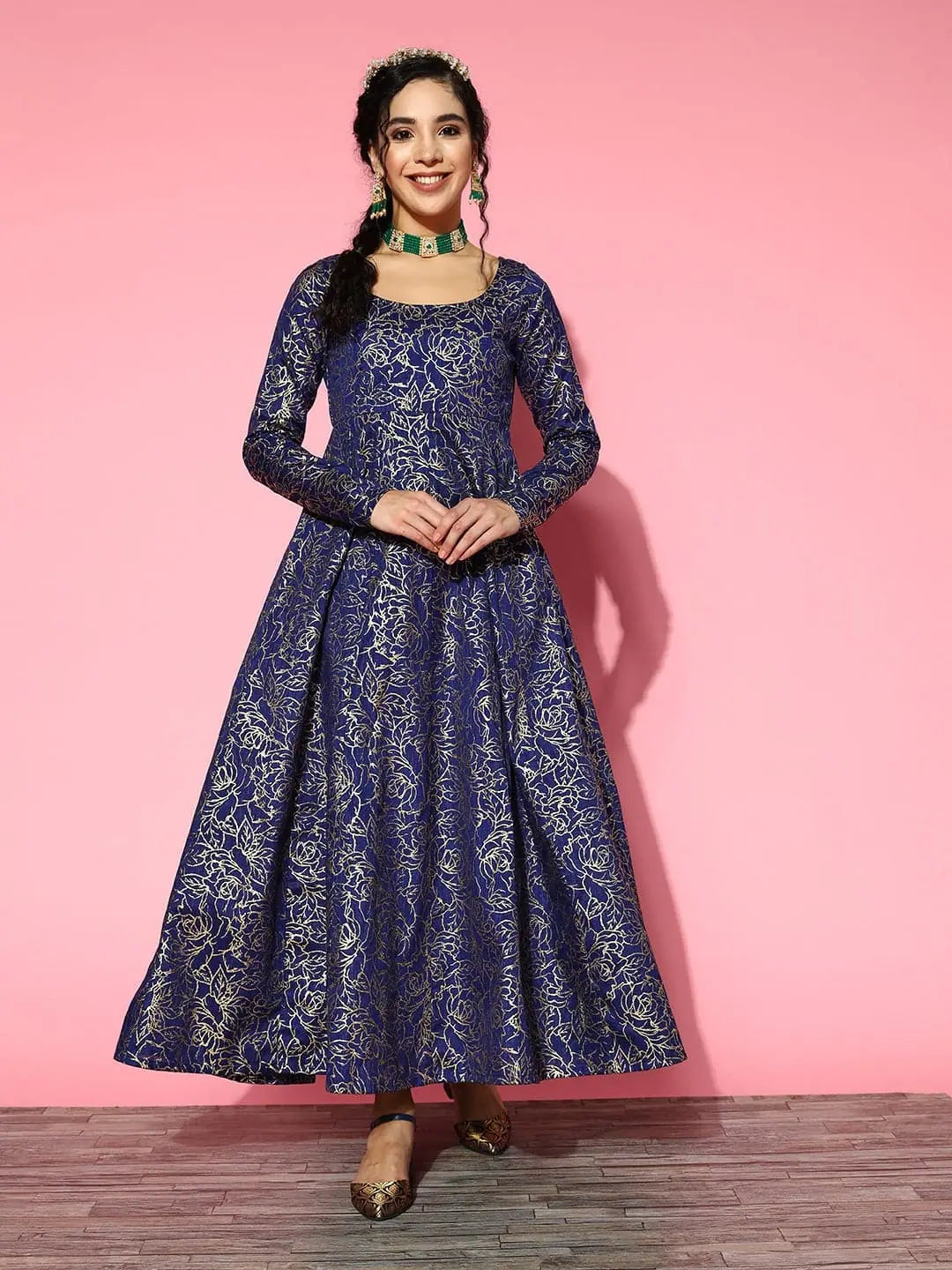 High-slit dresses for womenWomen Navy Chanderi Foil Anarkali Maxi Dress