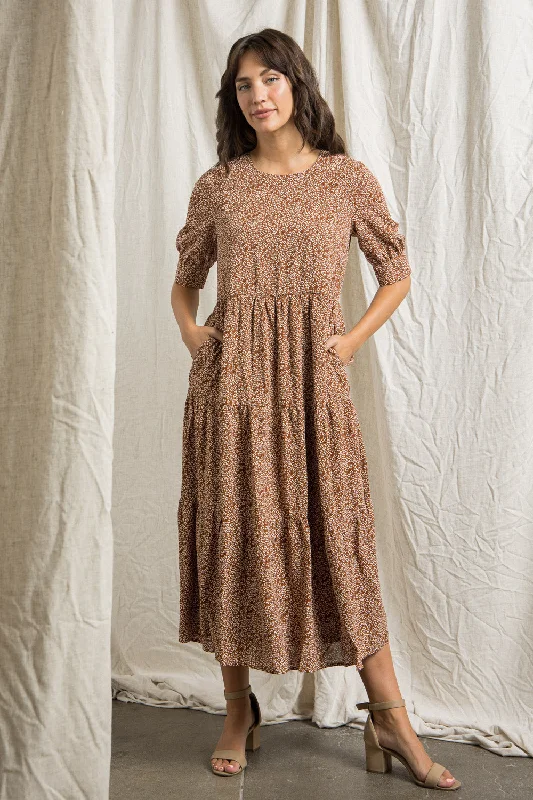 Transitional dresses for in-between seasonsFloral Print Maxi Tiered Dress - Brown