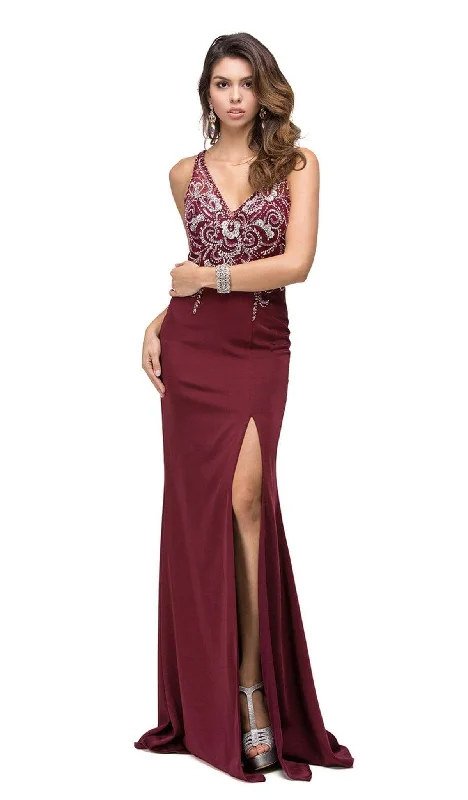 Transitional dresses for in-between seasonsDancing Queen - 9704 V-Neck Beaded Bodice Illusion Back Long Prom Dress