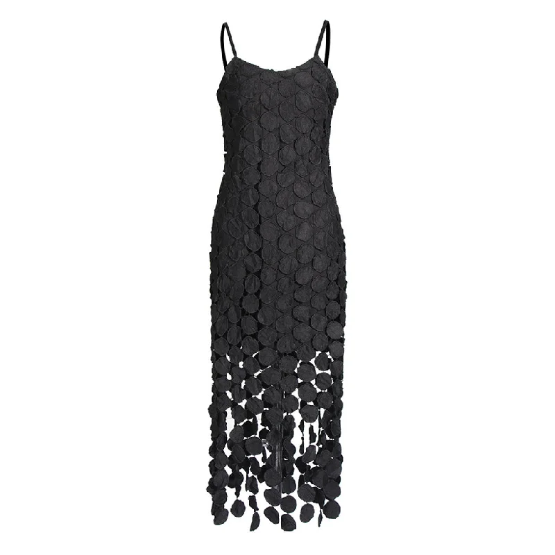 Women's casual dressesSexy Embroidery Lacer Cutout Fringe Trim Spaghetti Strap Midi Slip Dress