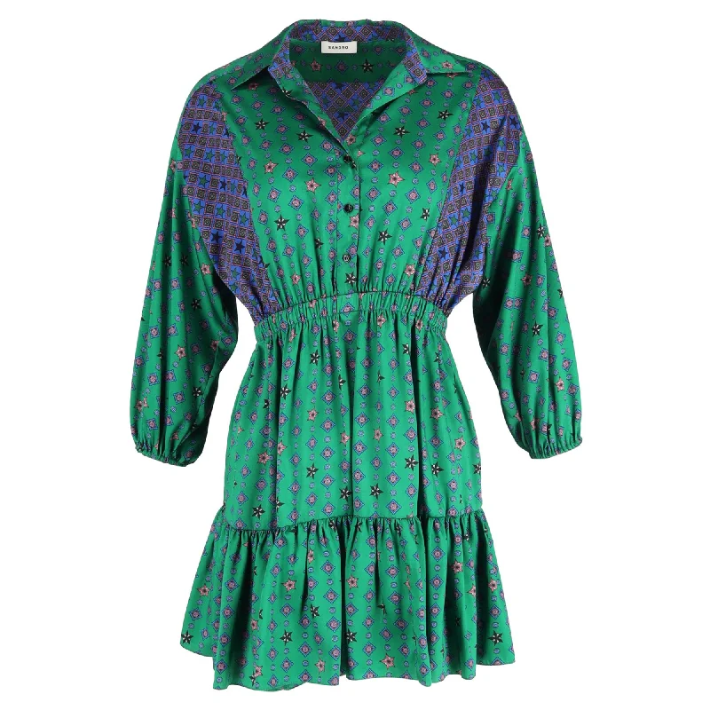 Off-the-shoulder dresses for womenSandro Paris Printed Mini Color-Block Gathered Waist Shirt Dress in Green Satin