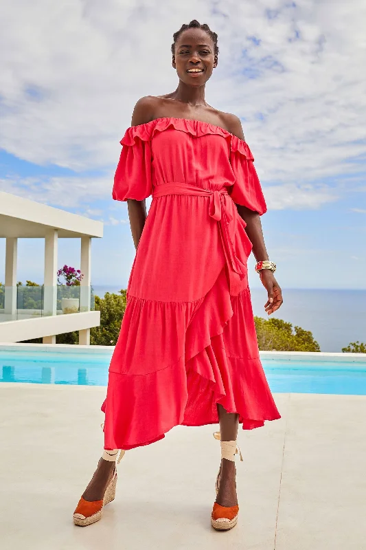 Designer dresses for high-end fashionPink Off Shoulder Midi Dress