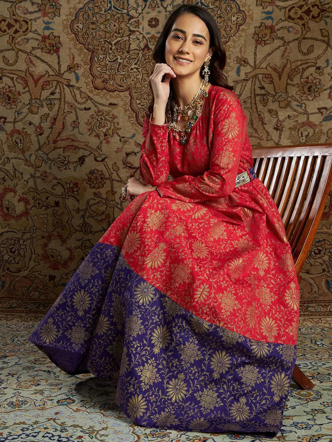 Autumn dresses for fall fashionWomen Red & Purple Brocade Floral Anarkali Maxi Dress