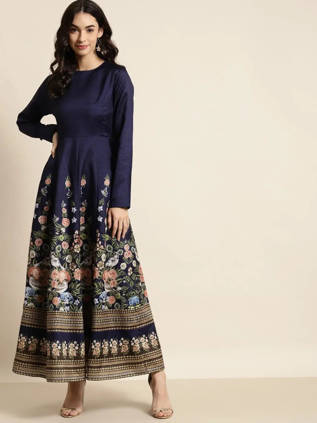 Limited edition dresses for collectorsNavy Floral Full Sleeves Anarkali Maxi Dress