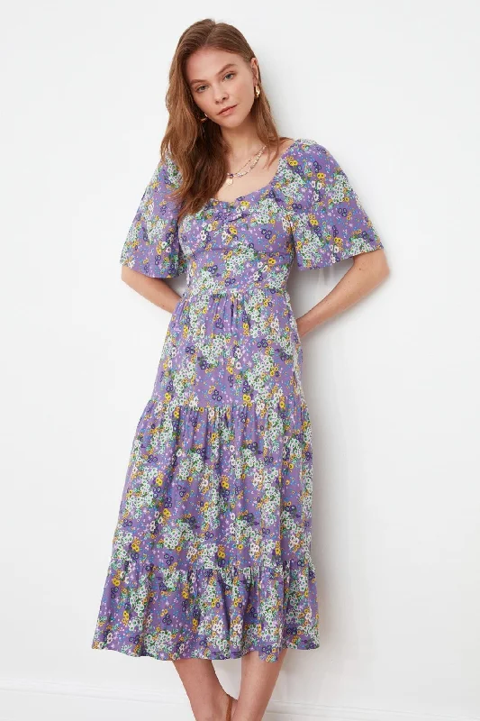 Beach dresses for casual outingsPurple Floral Woven Midi Dress