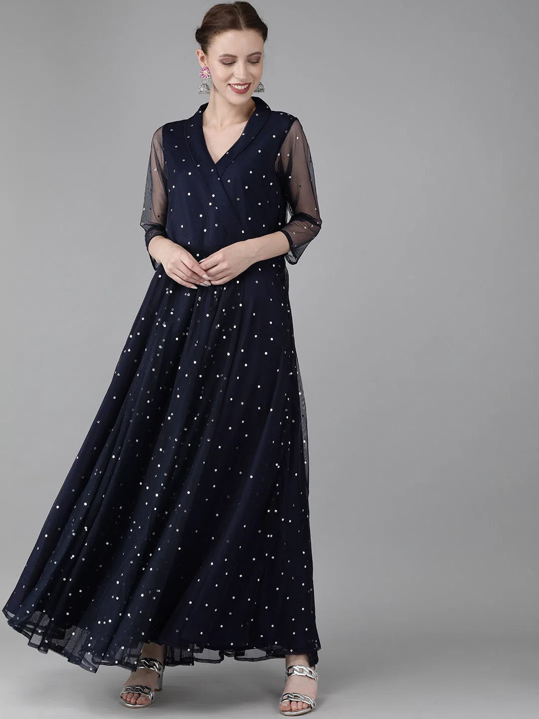 Satin dresses for womenAhalyaa Navy Blue Net & Crepe Silver Toned Polka Dots Printed Maxi Dress