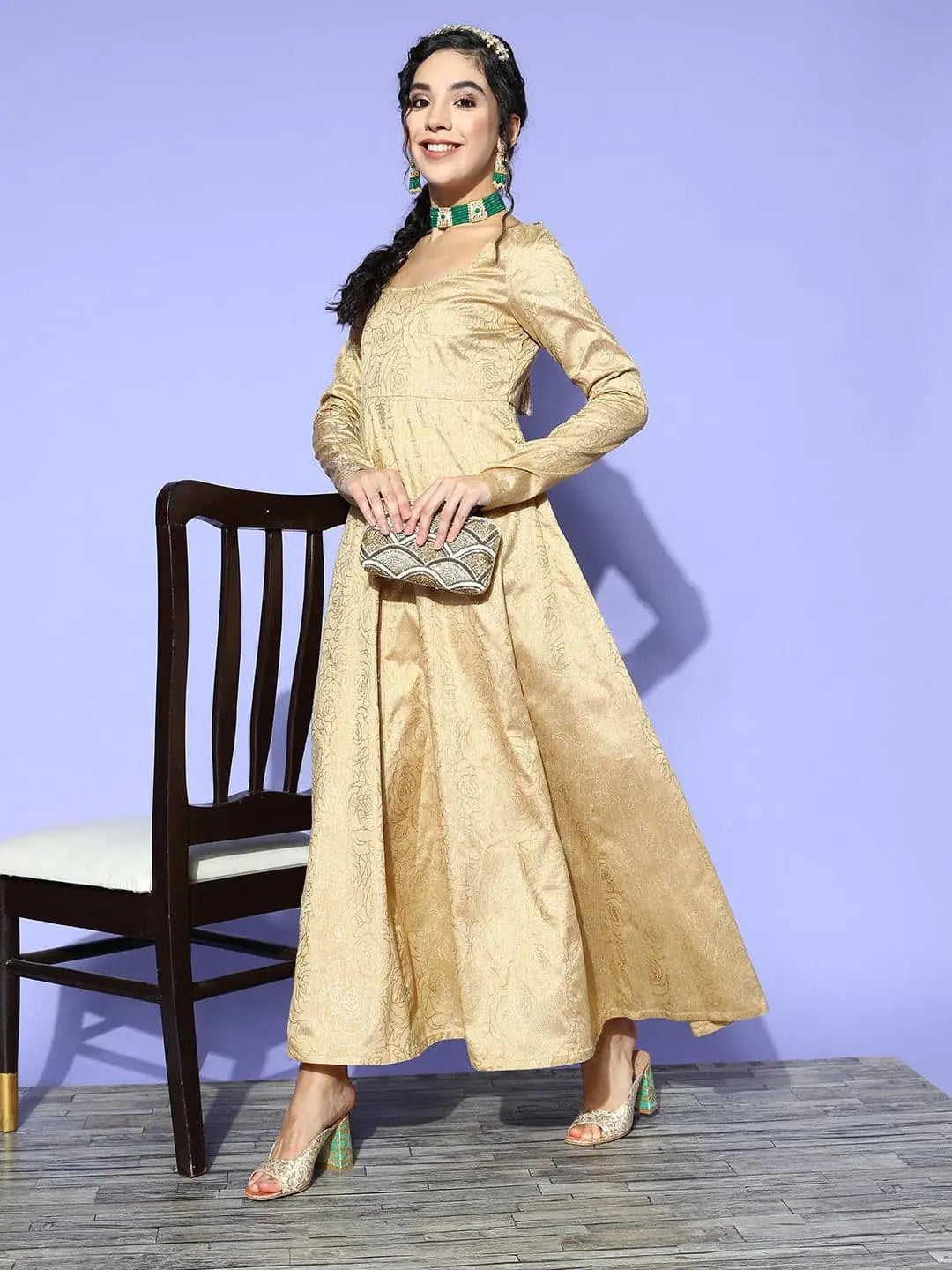 Workout dresses for active lifestylesWomen Gold Chanderi Foil Anarkali Maxi Dress