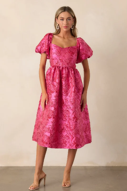 Ruched dresses for womenBlooming Hearts Pink Floral Jacquard Midi Dress