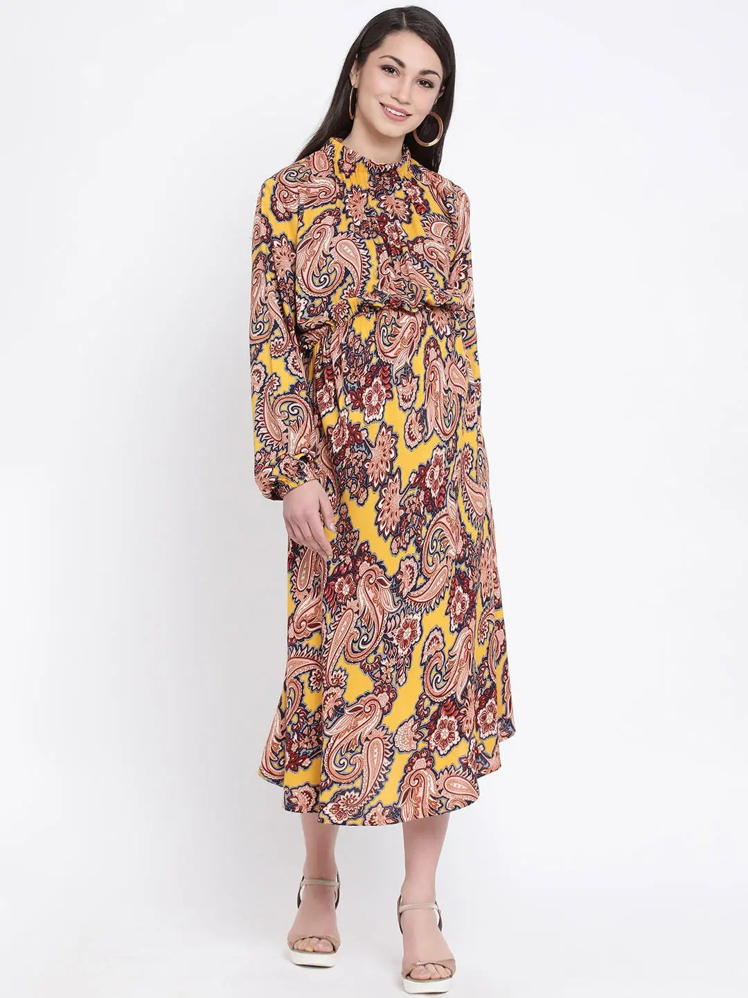 Bell sleeve dresses for womenPaisley Sunrise Caution Midi Maternity Dress