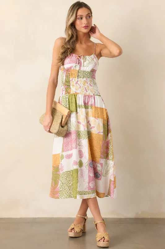 High-neck dresses for womenOff To The Market Ivory Patchwork Print Midi Dress