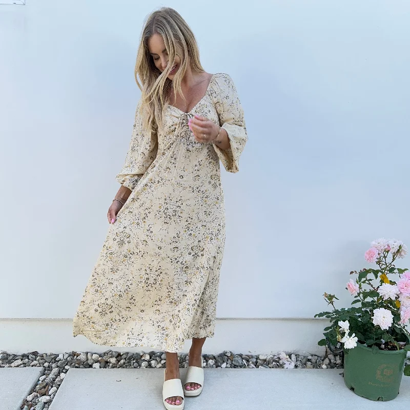 Transitional dresses for in-between seasonsLove of Mine Boho Floral Ankle Maxi Dress