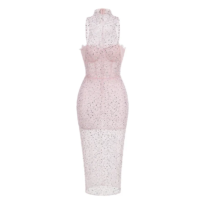 Handmade dresses for unique fashion statementsSweet High Neck Bustier Sleeveless Sheer Rhinestone Mesh Midi Dress