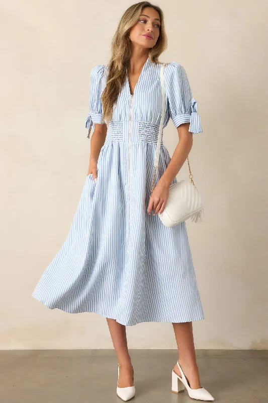 Party dresses for womenAfternoon Tea Sky Blue Stripe Zip Front Midi Dress