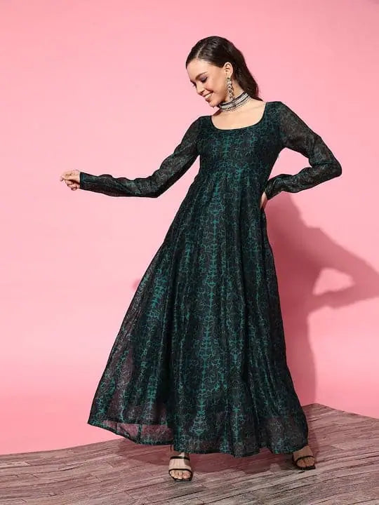 Motherhood dresses for pregnant womenWomen Teal Chanderi Floral Anarkali Maxi Dress