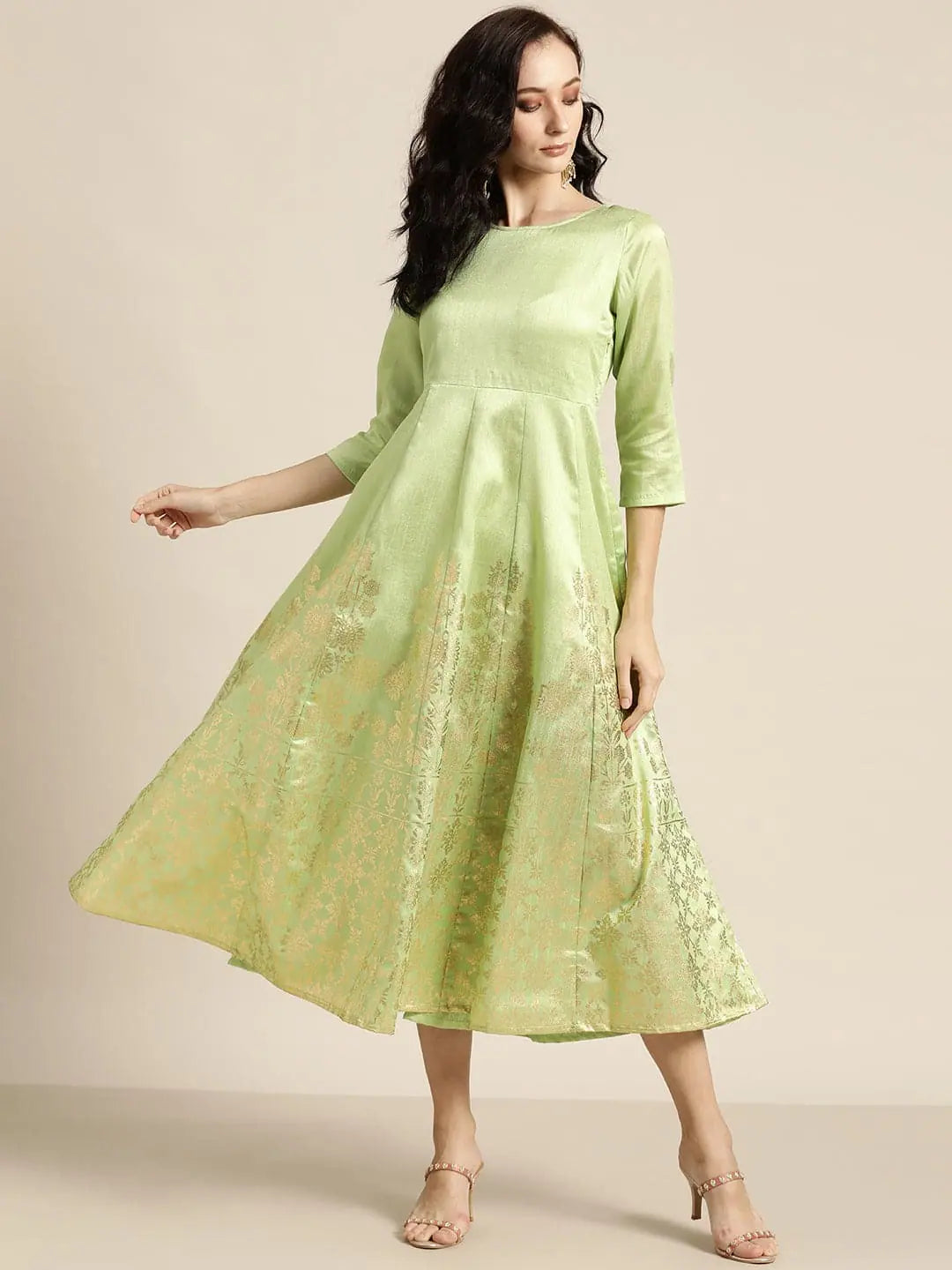 Women's casual dressesMint Green Foil Print Anarkali Maxi Dress