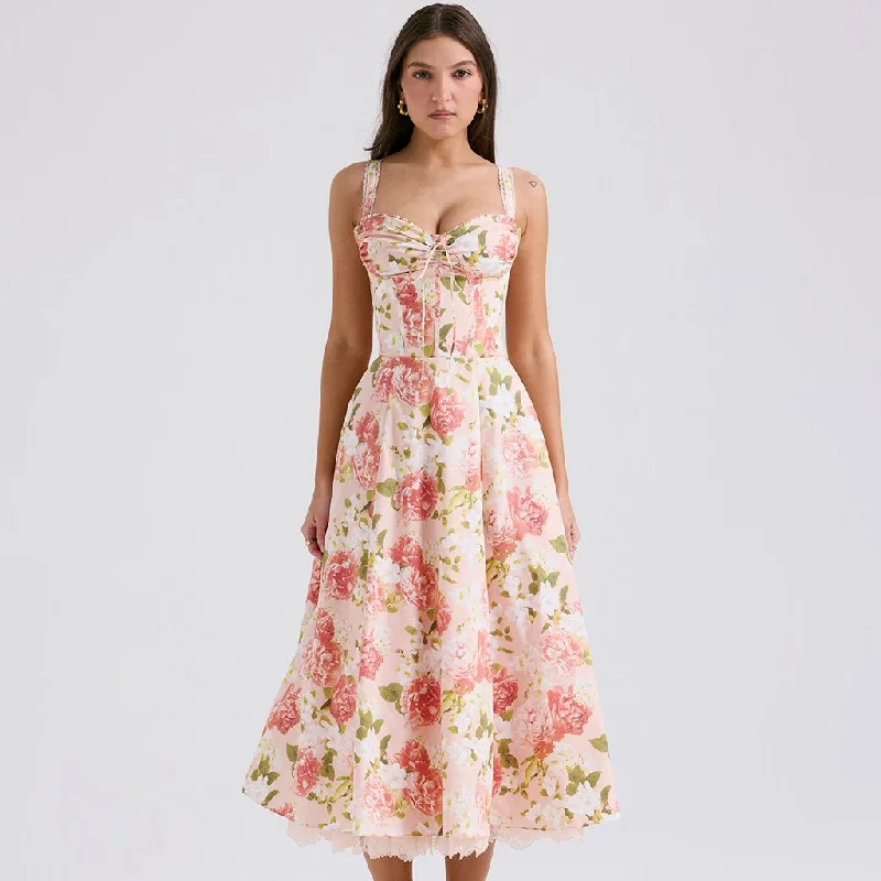 Party dresses for womenRomantic Bow Tie Bustier Corset Layered Tulle Floral Print Midi Sundress