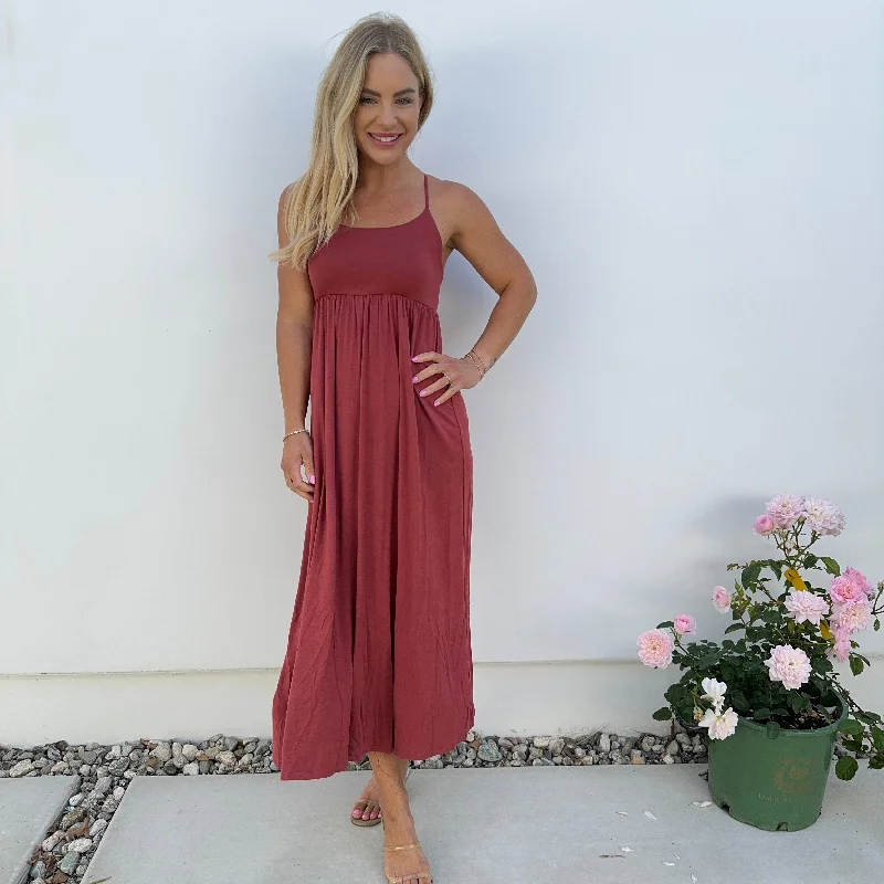 Summer dresses for hot weatherCherished Comfort Jersey Ankle Maxi Dress in Brick