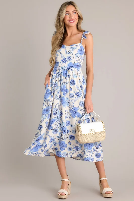 Satin dresses for womenBlossoms Of Belief Ivory & Blue Floral Midi Dress