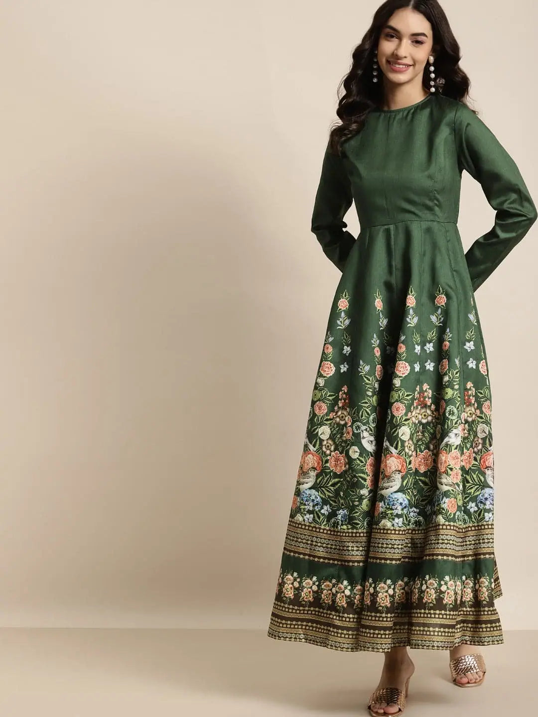 Designer dresses for high-end fashionGreen Floral Full Sleeves Anarkali Maxi Dress