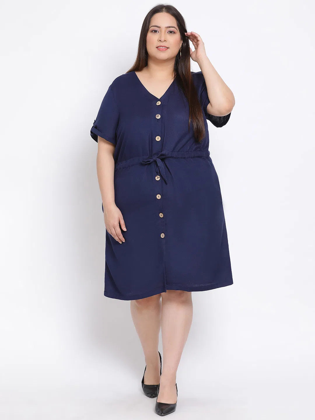 Petite dresses for womenNavy Basic Button Plus Size Midi Linen Blend Dress