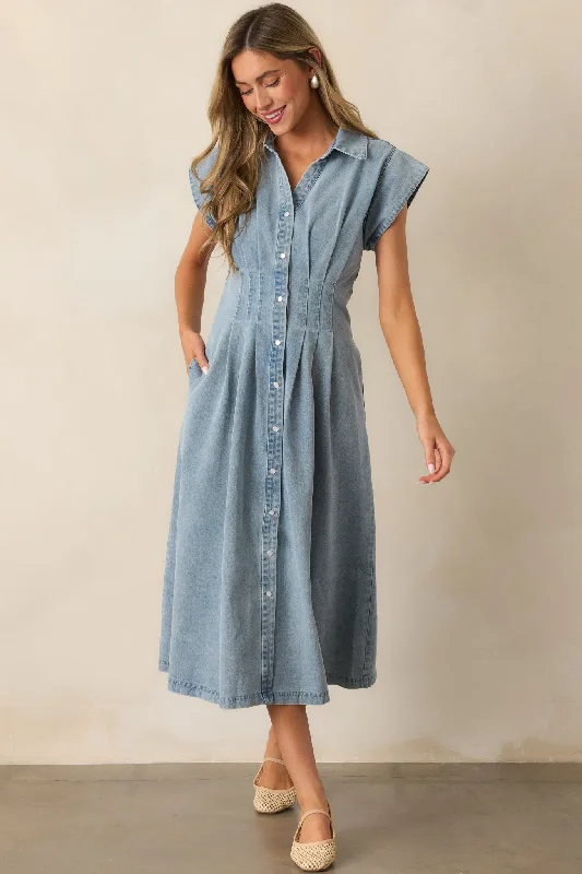 Bridesmaid dresses for womenClassic Tea Party Light Wash Denim Button Front Pleated Midi Dress