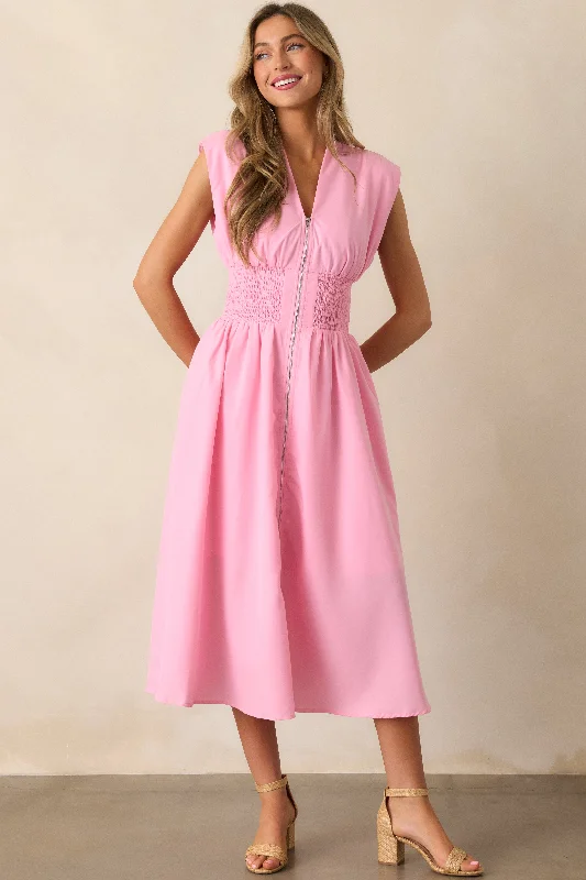 Custom-made dresses for personalized fitsThe Evette Baby Pink Zip Front Midi Dress