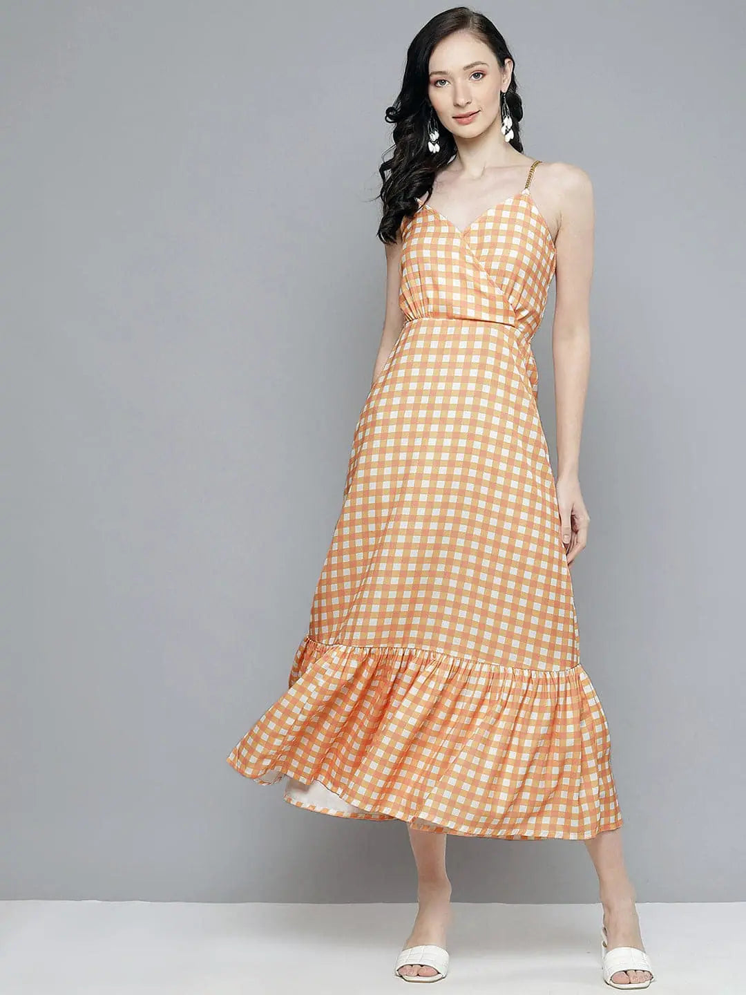 Beach dresses for casual outingsWomen Orange & White Check Strappy Maxi