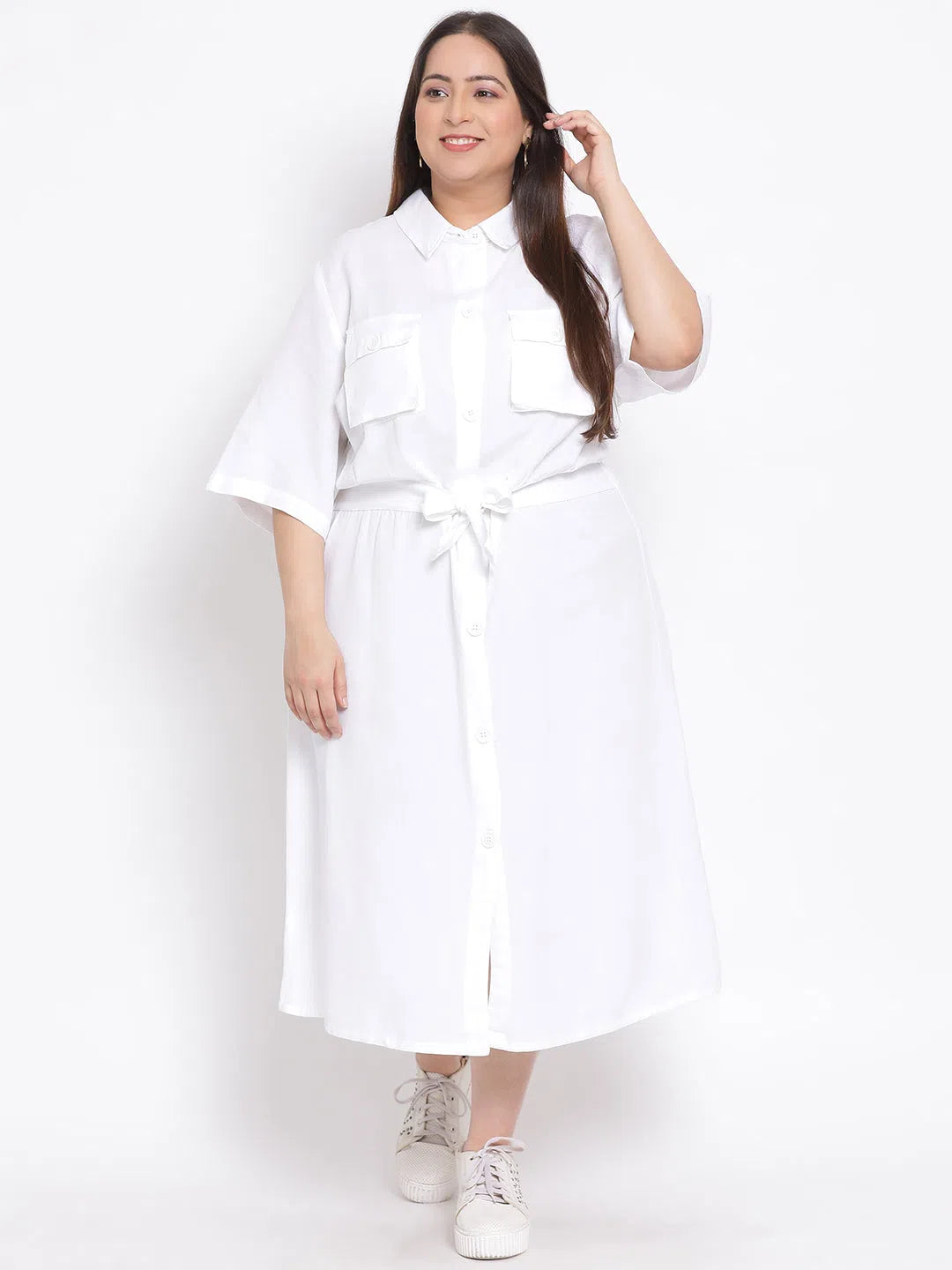 Denim dresses for womenBasic White Plus Size Midi Shirt Linen Blend Dress