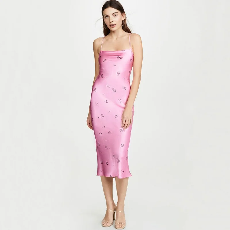 Layering dresses for versatile stylingGlossy Ditsy Floral Print Backless Satin Slip Midi Dress - Pink