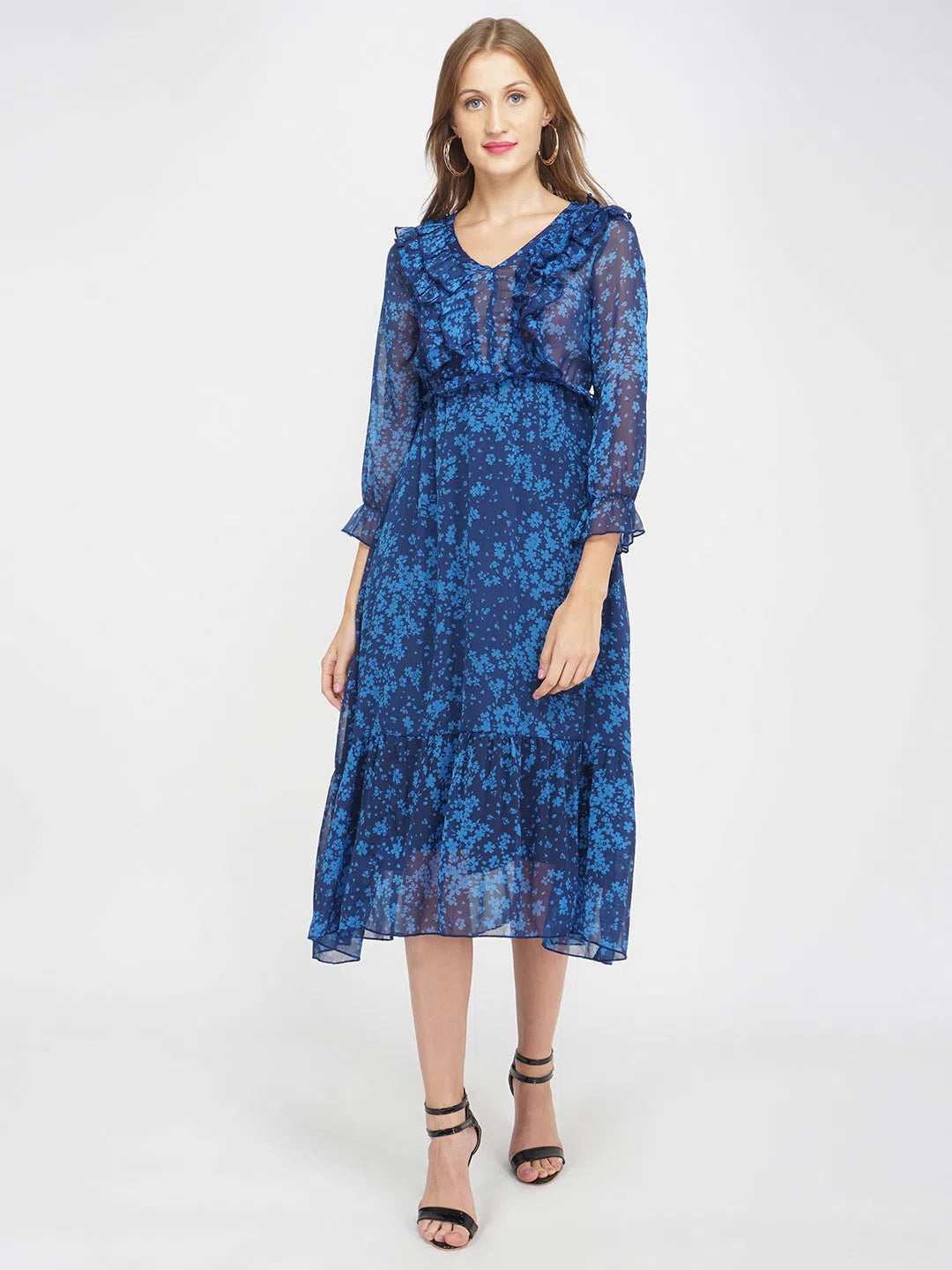 Corduroy dresses for womenBlue Floral Print Women's Midi Dress