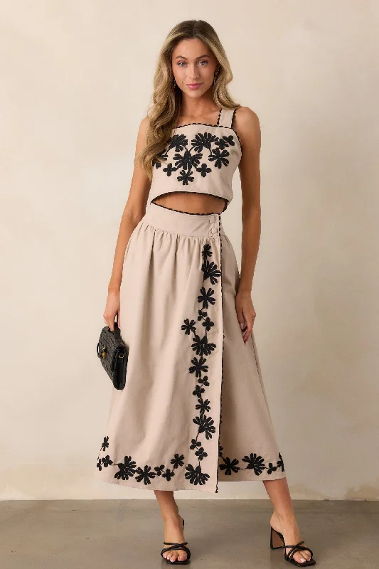 Solid color dresses for womenLovely Blooms Taupe Embroidered Floral Midi Skirt