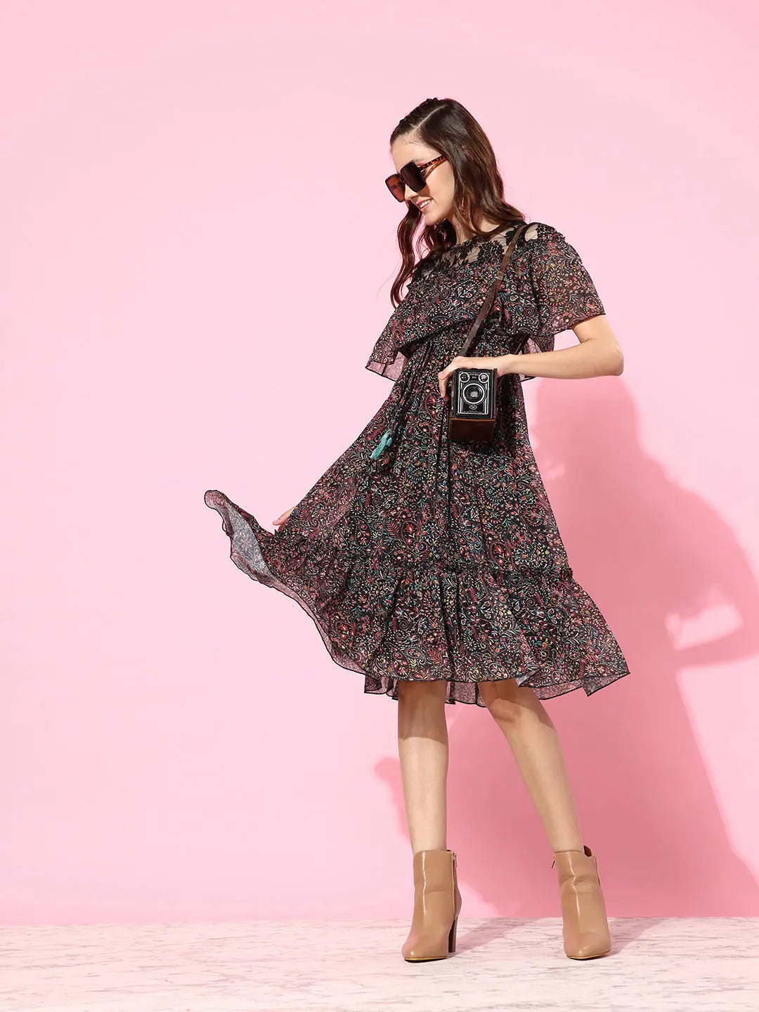 Sweetheart neckline dresses for womenAlive In The Fall Time Ruffled Midi Dress Multicolored-Base-Black