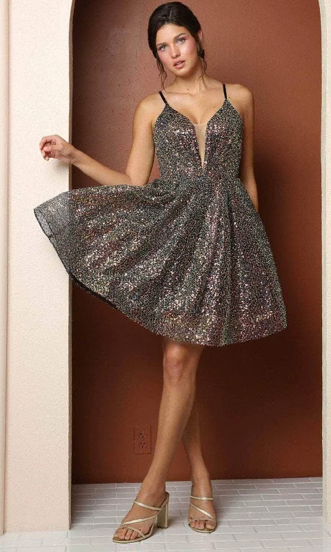 Layering dresses for versatile stylingNox Anabel R703 - Shimmering Plunging V-neck Short Dress