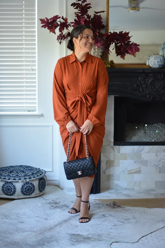 Transitional dresses for in-between seasonsGia Rust Midi Dress