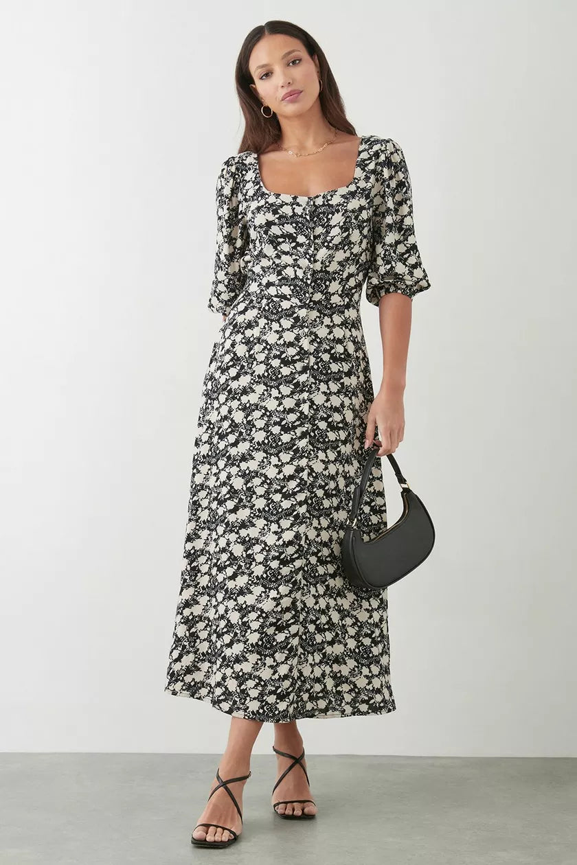 Layering dresses for versatile stylingTall Mono Ditsy Floral Button Through Midi Dress