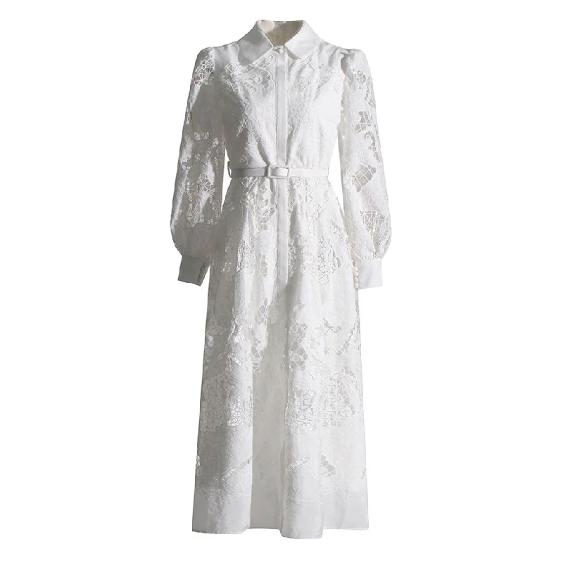 Summer dresses for hot weatherChic Collared Blouson Sleeve Button Up Belted Guipure Lace Shirt Midi Dress