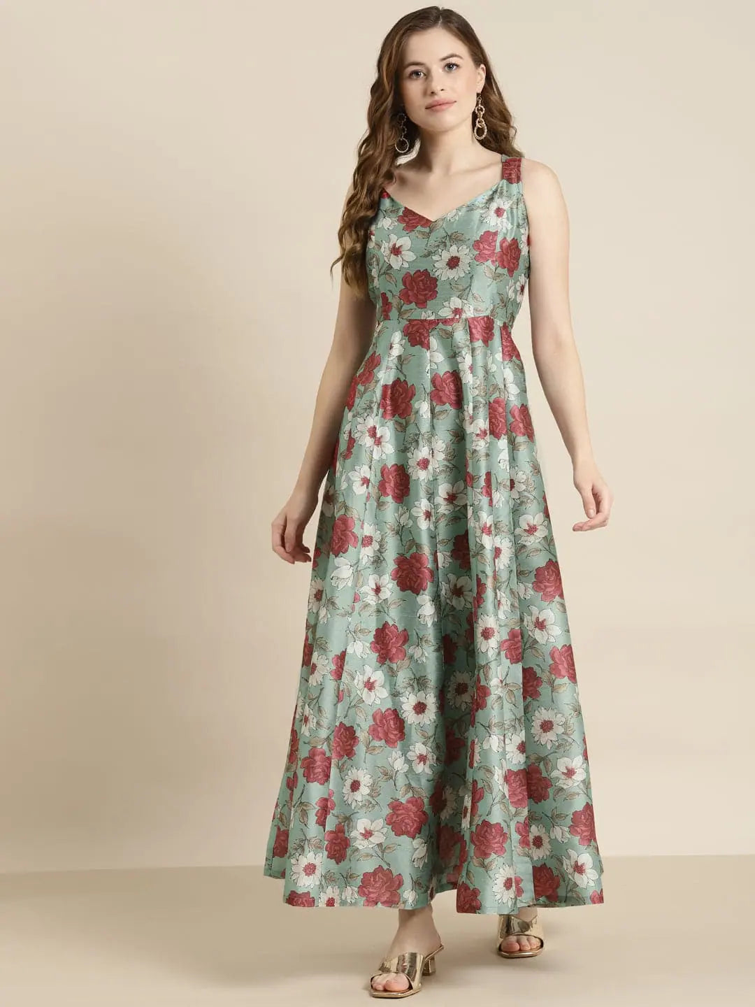 Linen dresses for summerSea Green Floral Sweetheart Anarkali Maxi Dress