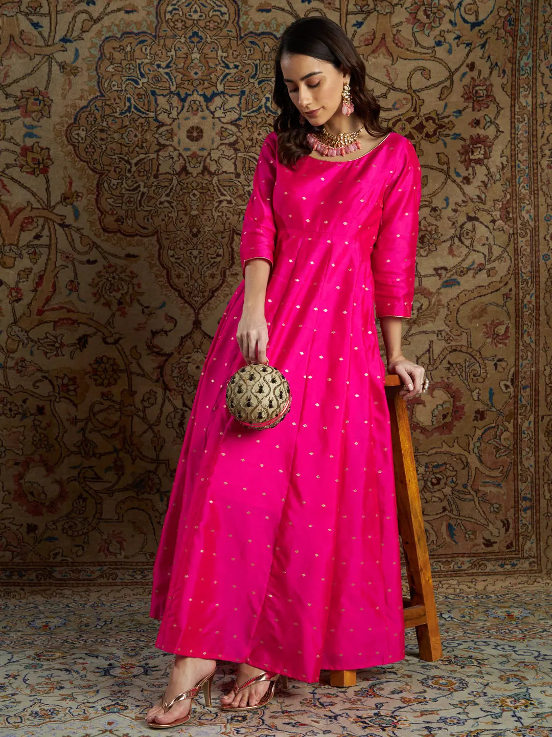 V-neck dresses for womenWomen Fuchsia Jacquard Anarkali Maxi Dress