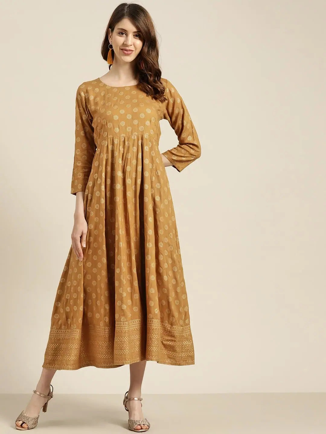 Transitional dresses for in-between seasonsMustard Foil Print Anarkali Maxi Dress