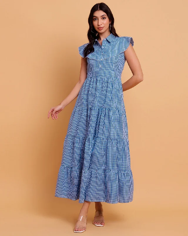 Midi dresses for womenBlue Gingham Tiered Maxi Dress-2890