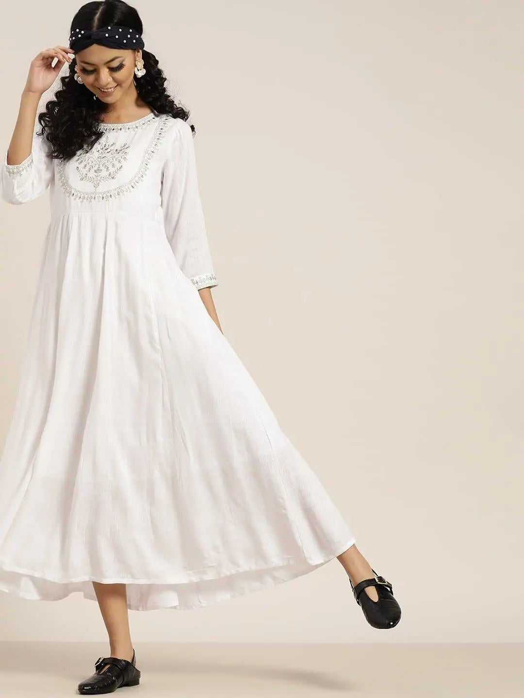 Vintage-inspired dresses for retro fashion loversWhite Zari Embroidery Anrakali Maxi Dress