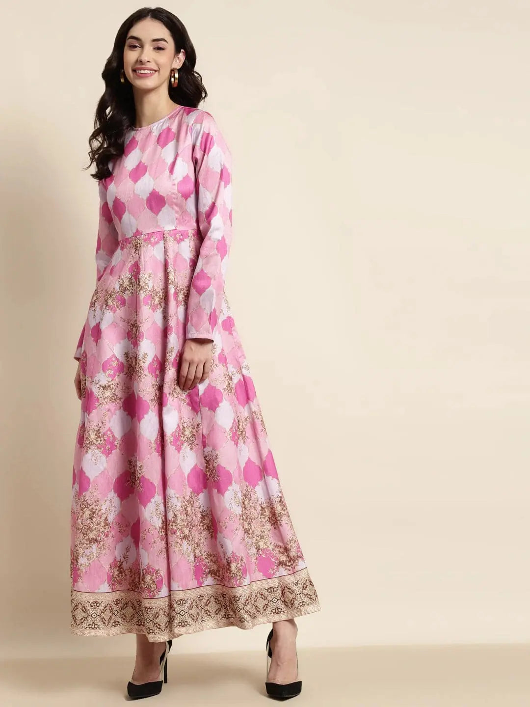 Sheath dresses for womenPink Mughal Floral Full Sleeves Anarkali Maxi Dress