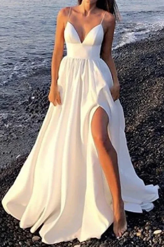 Silk dresses for womenLong White Prom Dress V Neck Long Formal Maxi Dress Open Back with High Slit