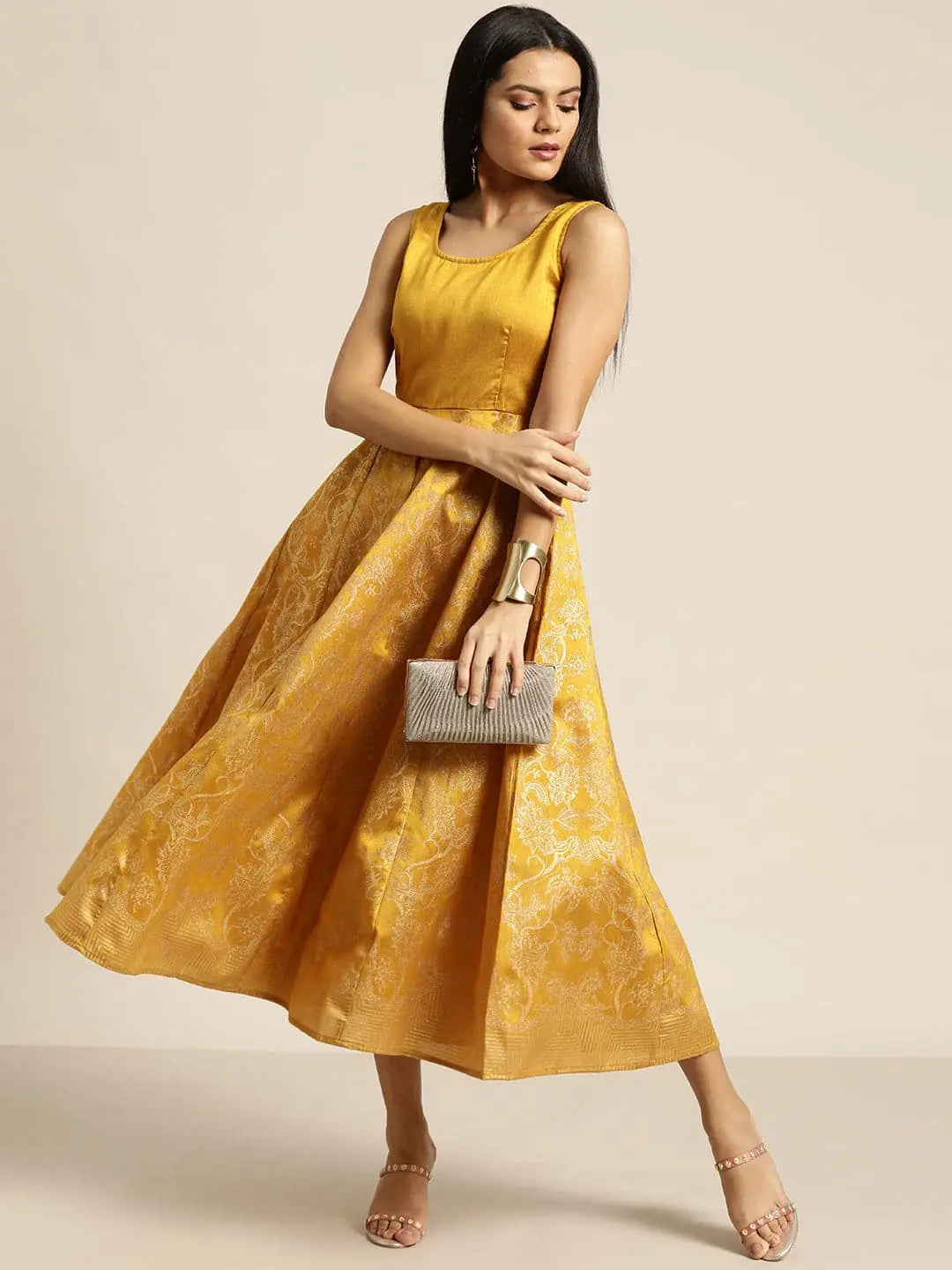 Mother-of-the-bride dressesMustard Foil Print Sleeveless Anarkali Maxi Dress