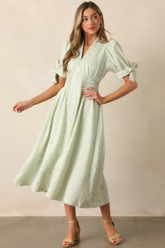 Elegant women's dressesAfternoon Tea Green Stripe Zip Front Midi Dress