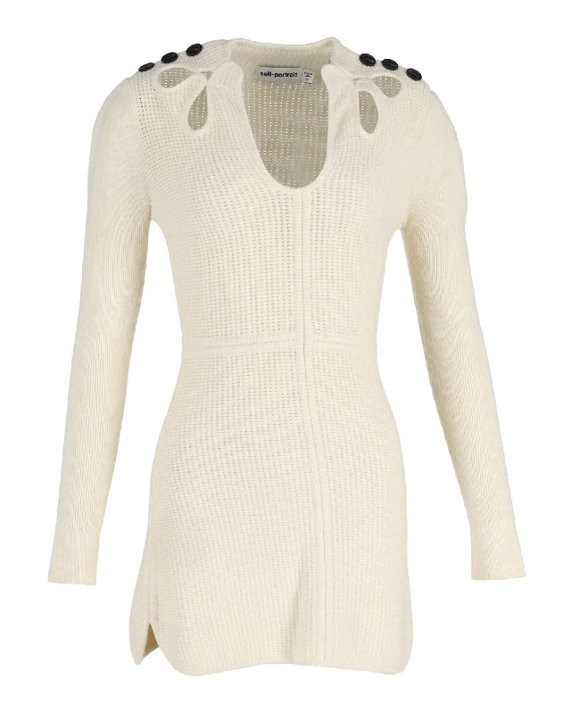 Mother-of-the-bride dressesSelf-Portrait Button-Embellished Cutout Ribbed Mini Dress in Cream Cotton