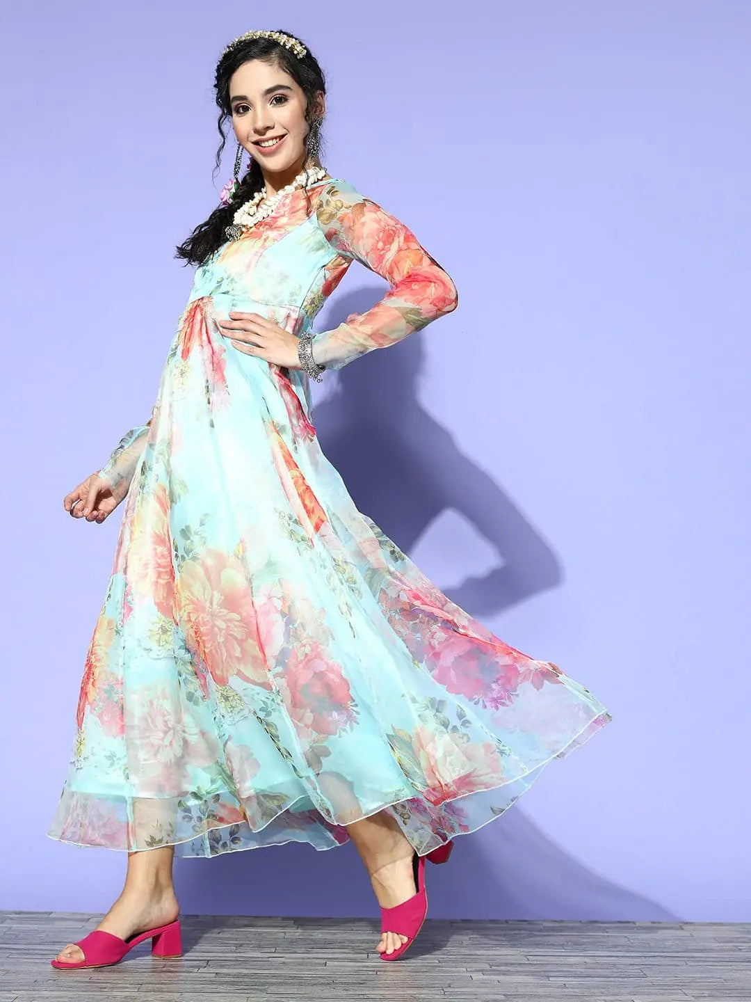 Denim dresses for womenWomen Sea Green Organza Floral Anarkali Maxi Dress