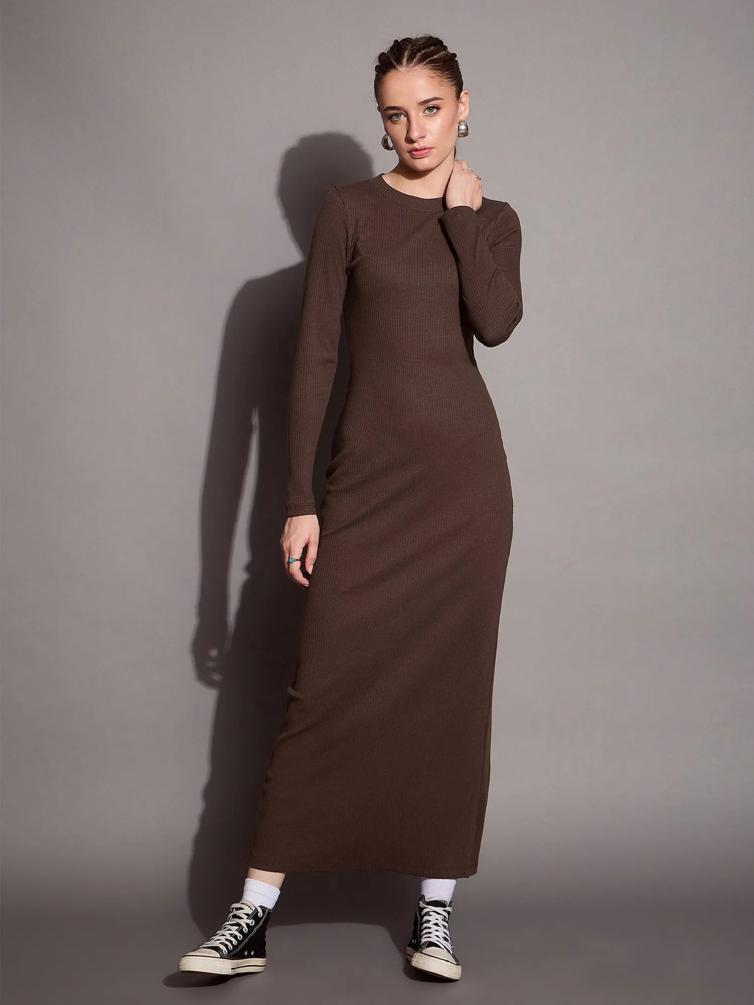 Spaghetti strap dresses for womenWomen Brown Ribbed Bodycon Maxi Dress-SFDRSS12402