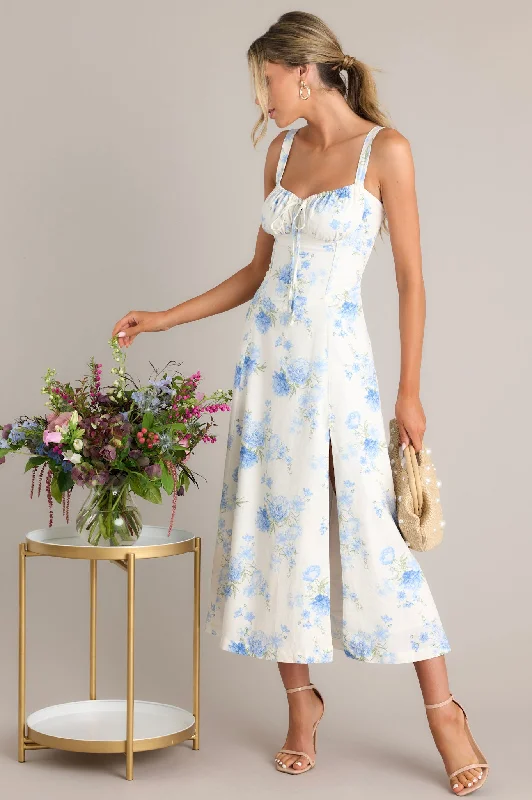 Lace dresses for womenSkyward Bloom Ivory & Blue Floral Midi Dress