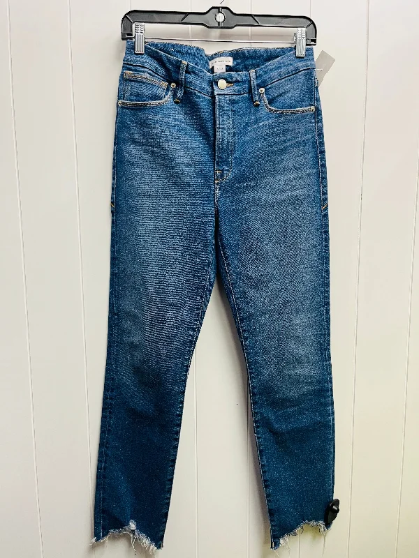 Jeans with a faux leather patch at the back pocketJeans Skinny By Good American In Blue Denim, Size: 4